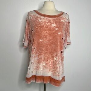 MARONIE orange & white distressed T-shirt, size medium